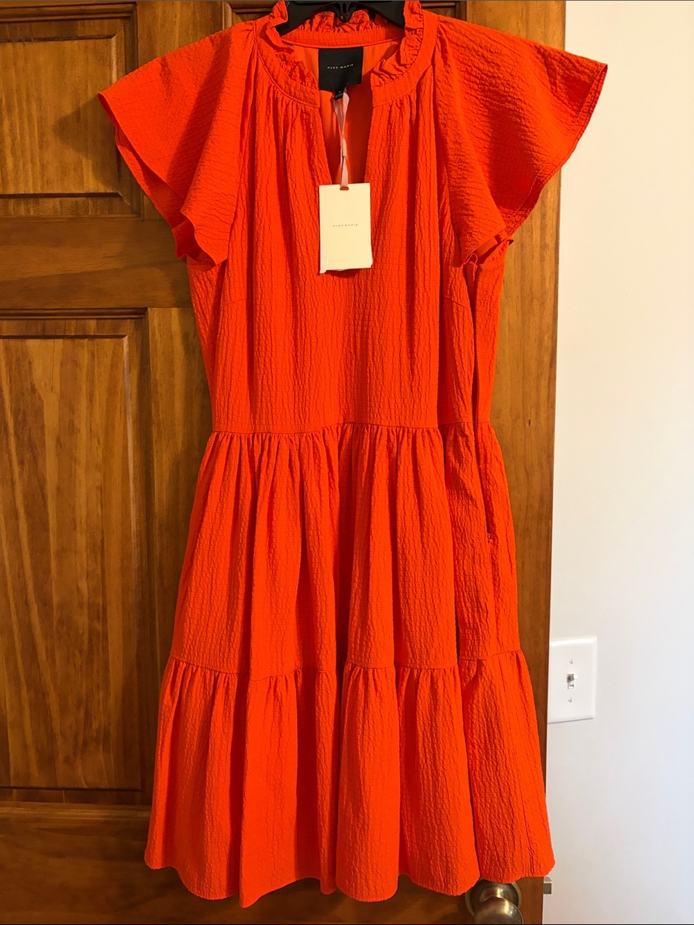 Alex Marie Bright Orange Tiered Flutter-Sleeve Mini Dress